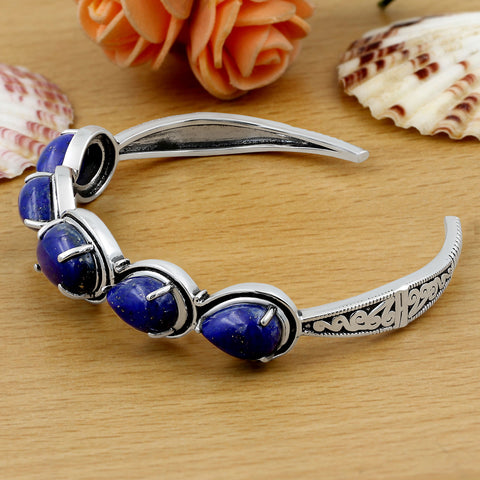 Lapis Lazuli 925 Sterling Silver Statement Oxidized Cuff Bangle Bracelet Gemstone For Women