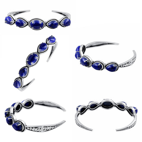 Lapis Lazuli 925 Sterling Silver Statement Oxidized Cuff Bangle Bracelet Gemstone For Women