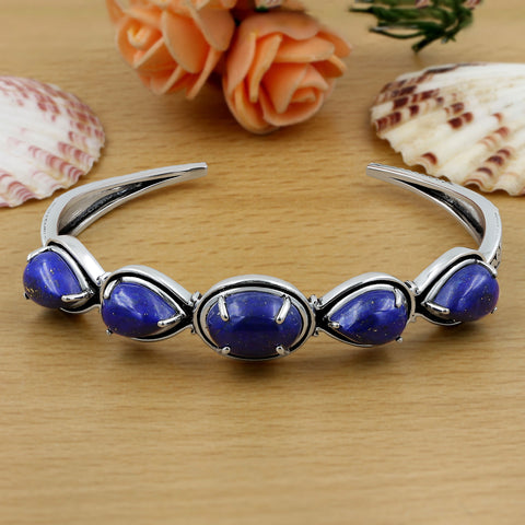 Lapis Lazuli 925 Sterling Silver Statement Oxidized Cuff Bangle Bracelet Gemstone For Women