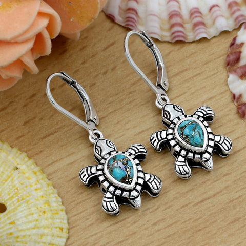 Blue Copper Turquoise Sterling Silver Vintage Earrings for Women Daily Party Holiday Bohemian Ring Jewelry
