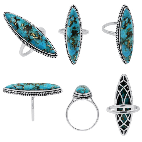 Sterling Silver Blue Copper Turquoise Rings for Women Daily Party Holiday Bohemian Vintage Ring