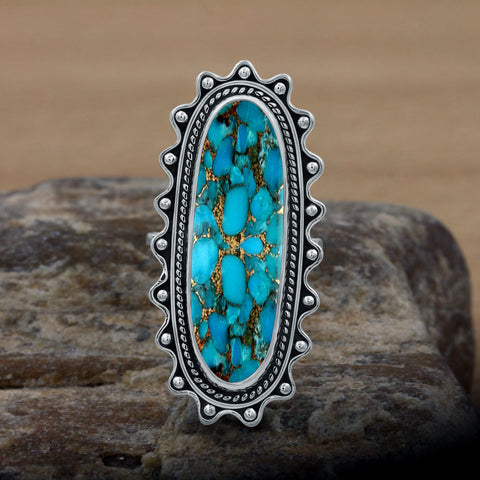 Sterling Silver Green Copper Turquoise Vintage Rings for Women Daily Party Holiday Bohemian Ring Jewelry