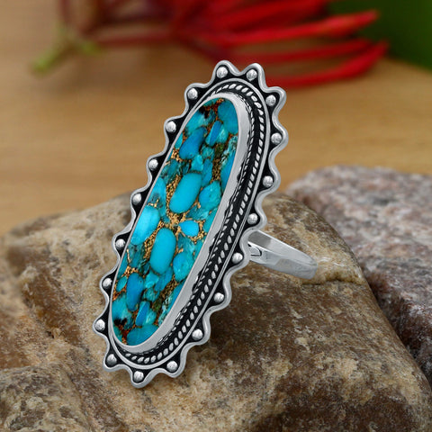 Sterling Silver Green Copper Turquoise Vintage Rings for Women Daily Party Holiday Bohemian Ring Jewelry