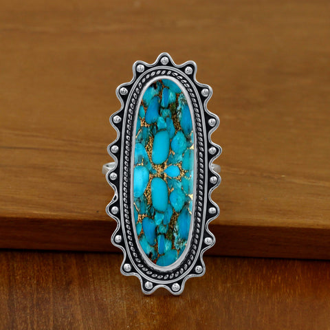 Sterling Silver Green Copper Turquoise Vintage Rings for Women Daily Party Holiday Bohemian Ring Jewelry