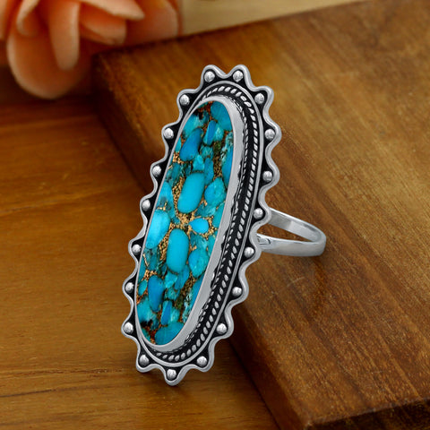 Sterling Silver Green Copper Turquoise Vintage Rings for Women Daily Party Holiday Bohemian Ring Jewelry