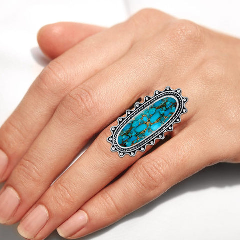 Sterling Silver Green Copper Turquoise Vintage Rings for Women Daily Party Holiday Bohemian Ring Jewelry