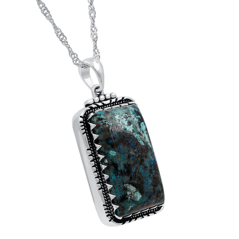 Oxidized Sterling Silver Chrysocolla Rectangle Gemstone Boho Pendant Without Chain