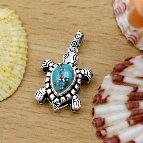 Sterling Silver Blue Copper Turquoise Vintage Oxidized Pendant for Women Daily Party Holiday Bohemian Necklace Jewelry Without Chain