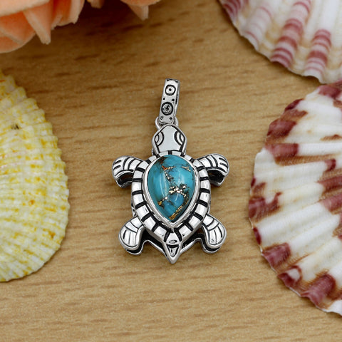 Sterling Silver Blue Copper Turquoise Vintage Oxidized Pendant for Women Daily Party Holiday Bohemian Necklace Jewelry Without Chain