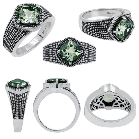 Green Amethyst Cushion Shape Gemstone 925 Silver Oxidized Ring For Women
