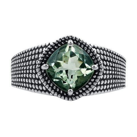 Green Amethyst Cushion Shape Gemstone 925 Silver Oxidized Ring For Women