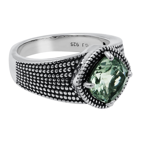 Green Amethyst Cushion Shape Gemstone 925 Silver Oxidized Ring For Women