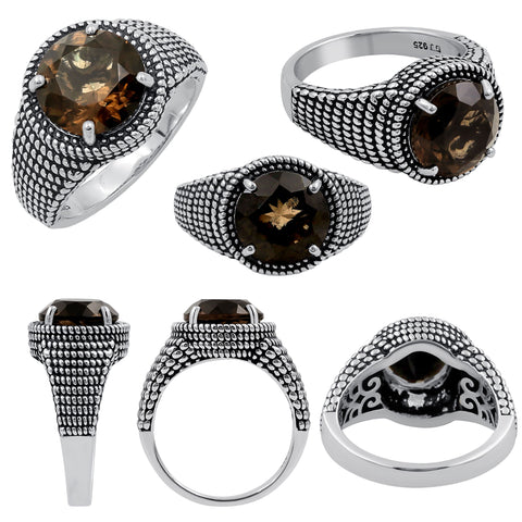 Sterling Silver Smoky Quartz Round Gemstone Oxidized Ring