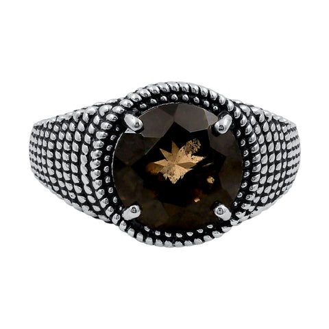 Sterling Silver Smoky Quartz Round Gemstone Oxidized Ring