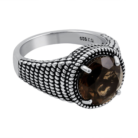 Sterling Silver Smoky Quartz Round Gemstone Oxidized Ring