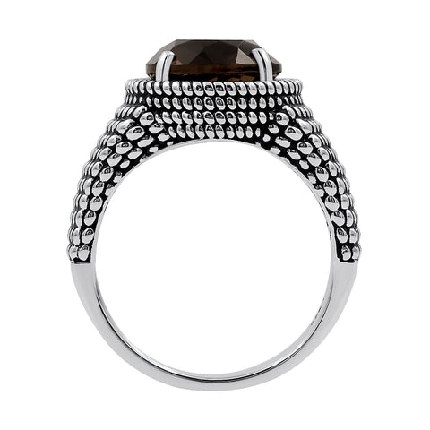 Sterling Silver Smoky Quartz Round Gemstone Oxidized Ring